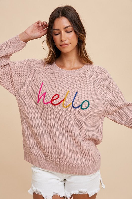 ANNIE WEAR - Embroidered Hello Sweater in Mauve