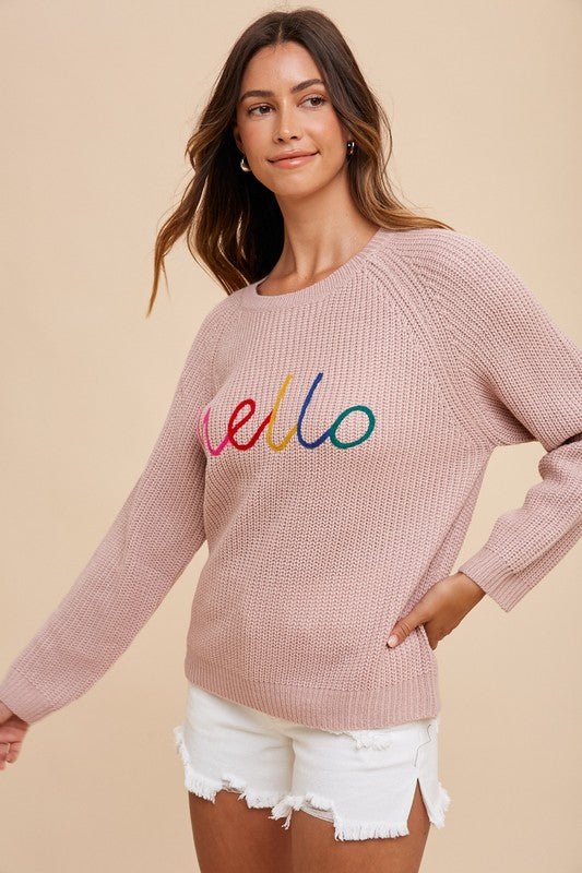 ANNIE WEAR - Embroidered Hello Sweater in Mauve