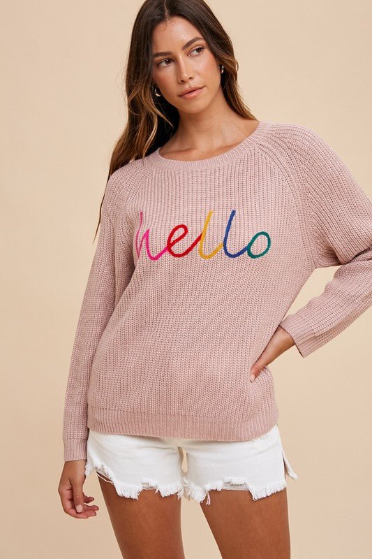 ANNIE WEAR - Embroidered Hello Sweater in Mauve
