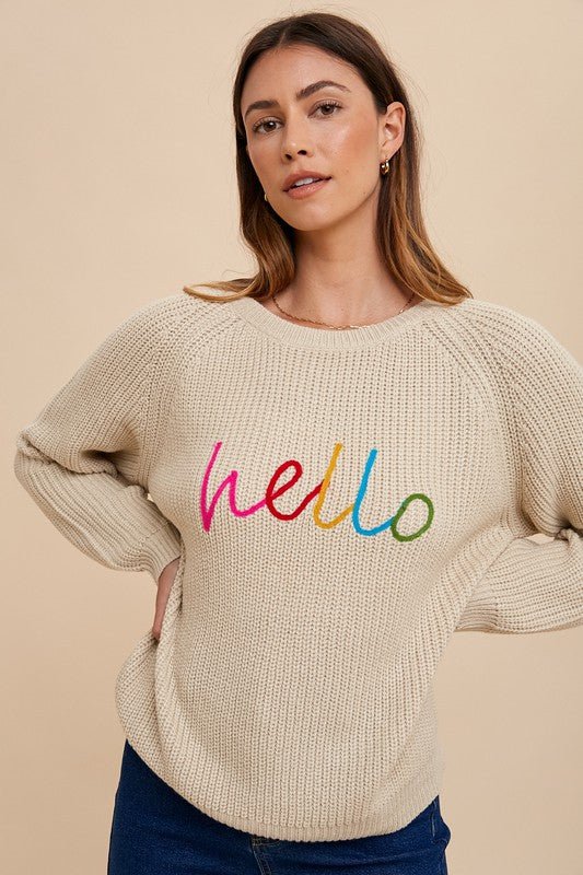 ANNIE WEAR - Embroidered Hello Sweater in Oatmeal