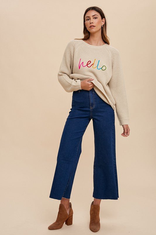 ANNIE WEAR - Embroidered Hello Sweater in Oatmeal