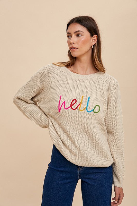 ANNIE WEAR - Embroidered Hello Sweater in Oatmeal