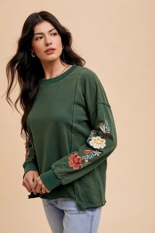 ANNIE WEAR - Embroidered Long Sleeve French Terry Top in Black Forest