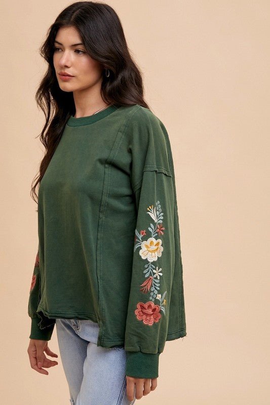ANNIE WEAR - Embroidered Long Sleeve French Terry Top in Black Forest