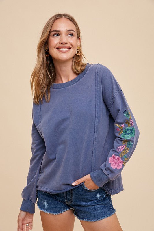 ANNIE WEAR - Embroidered Long Sleeve French Terry Top in Washed Midnight