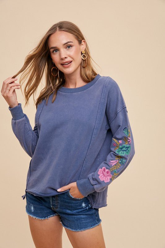 ANNIE WEAR - Embroidered Long Sleeve French Terry Top in Washed Midnight