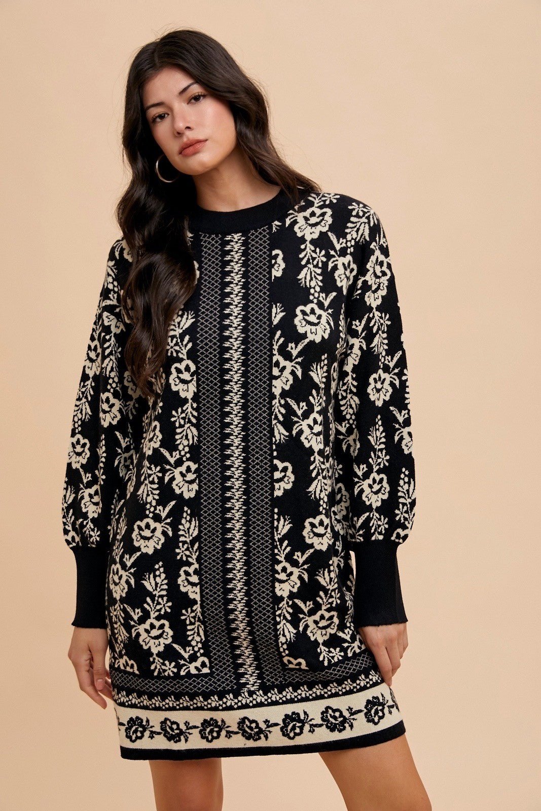 ANNIE WEAR - Floral Jacquard Mini Sweater Dress in Black Oatmeal