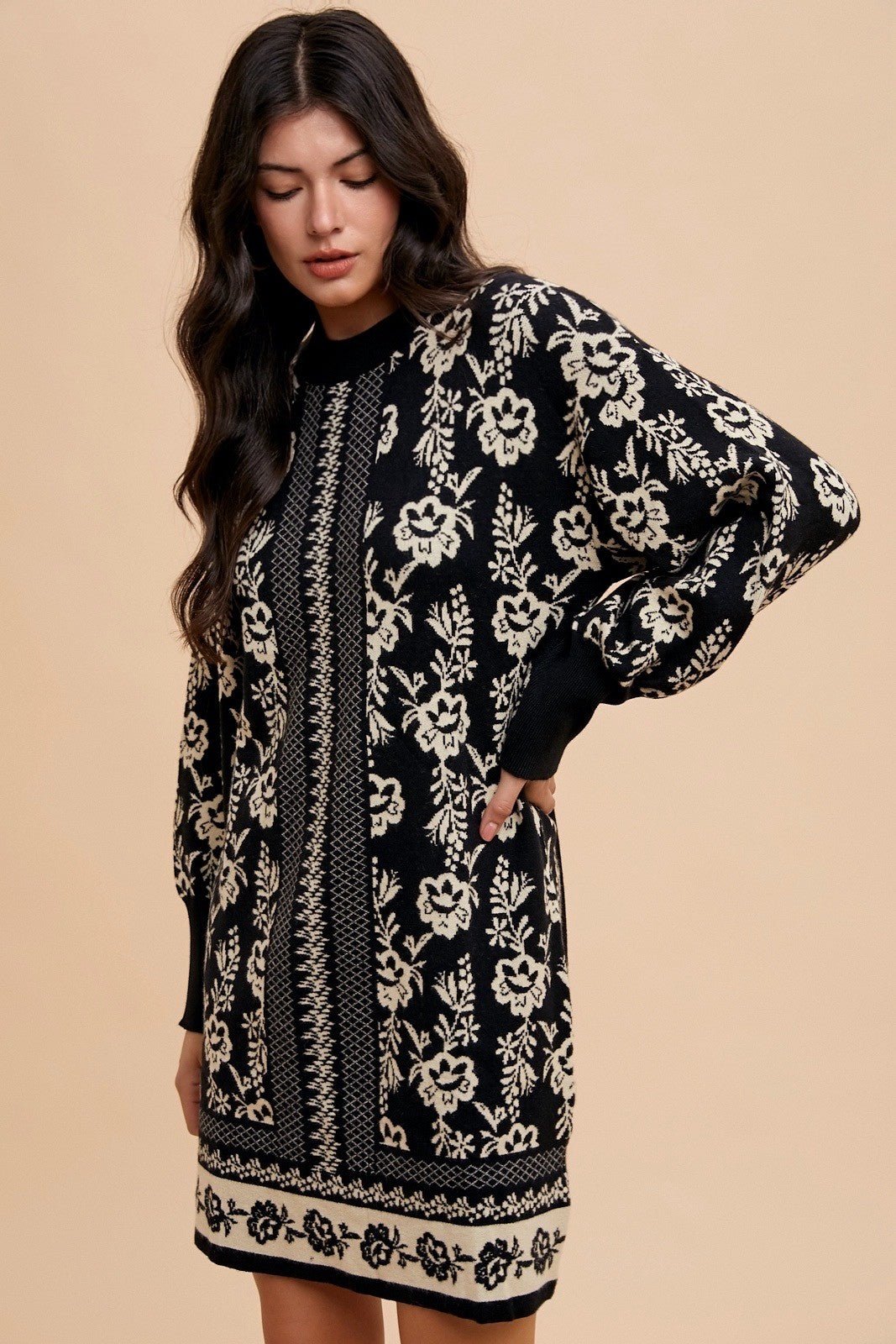 ANNIE WEAR - Floral Jacquard Mini Sweater Dress in Black Oatmeal