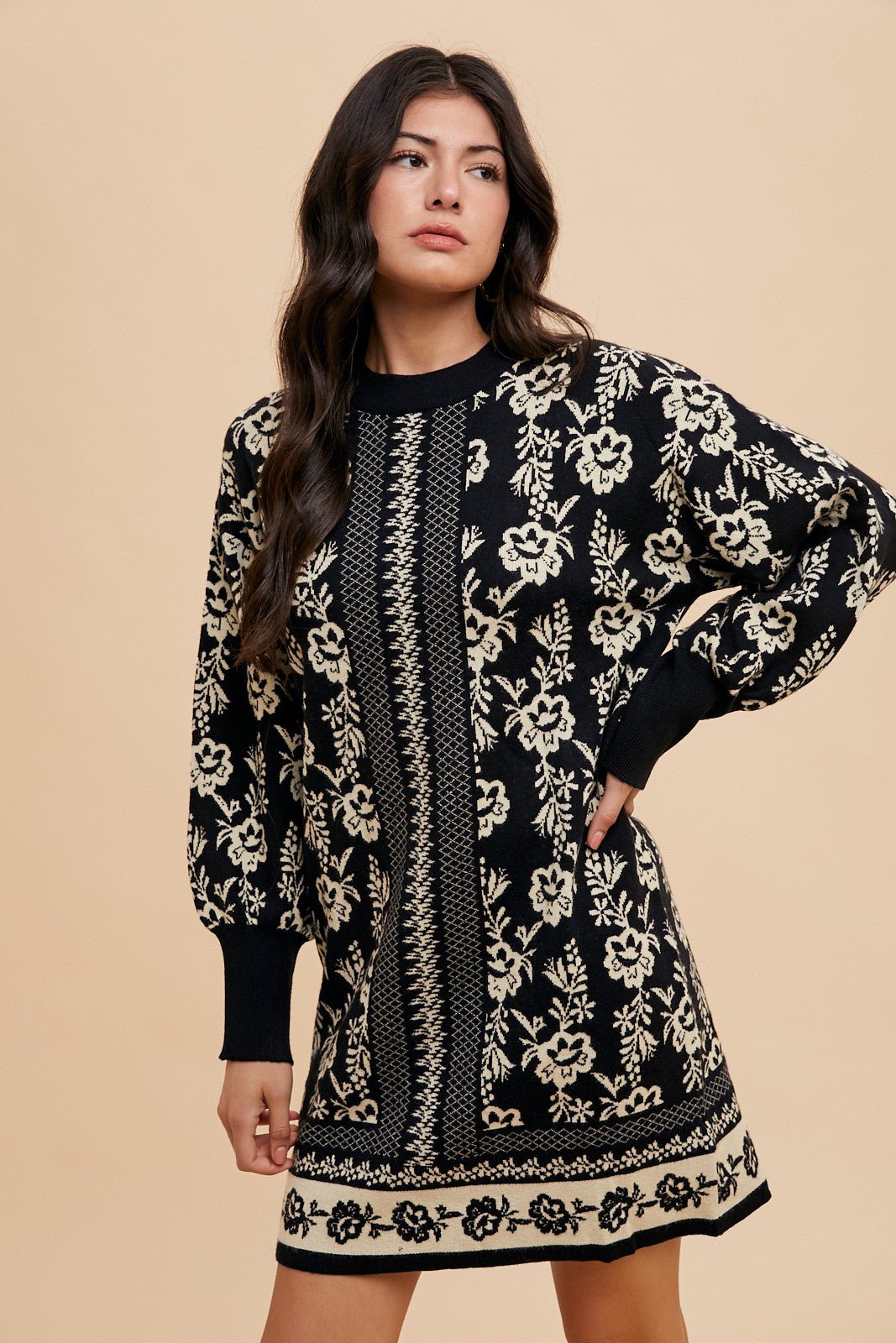 ANNIE WEAR - Floral Jacquard Mini Sweater Dress in Black Oatmeal