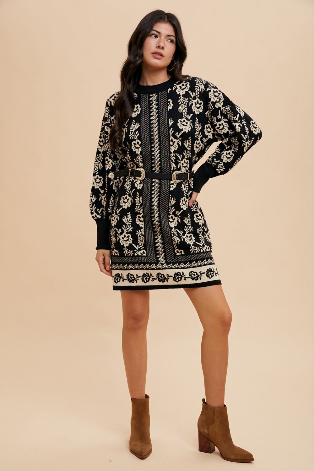 ANNIE WEAR - Floral Jacquard Mini Sweater Dress in Black Oatmeal