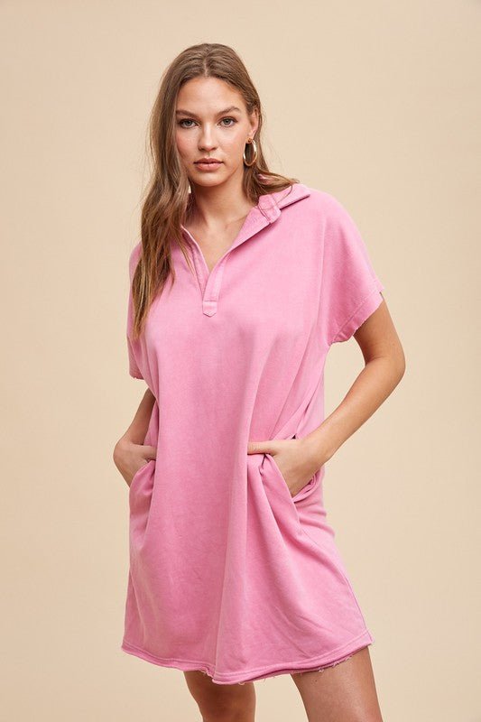 ANNIE WEAR - Fuchsia Pink Mineral Washed Short Sleeve Mini Dress