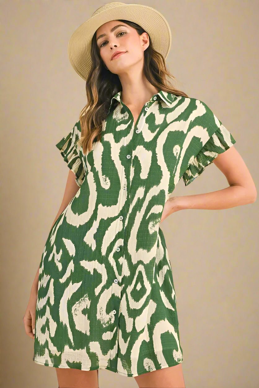 ANNIE WEAR - Green and Ivory Abstract Button - Down Mini Dress
