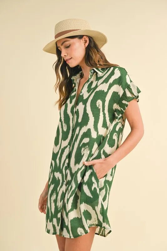 ANNIE WEAR - Green and Ivory Abstract Button - Down Mini Dress