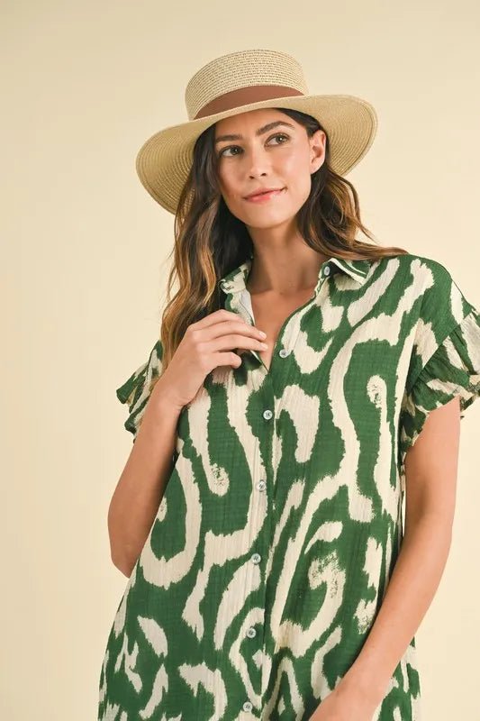 ANNIE WEAR - Green and Ivory Abstract Button - Down Mini Dress