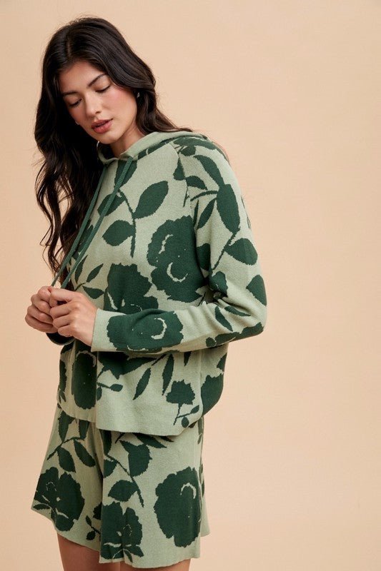 ANNIE WEAR - Green Floral Hooded Sweater and Shorts Set