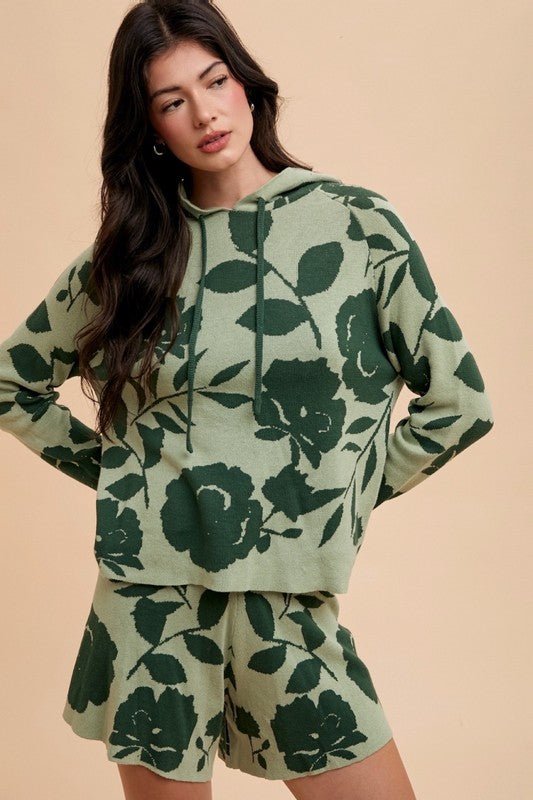 ANNIE WEAR - Green Floral Hooded Sweater and Shorts Set