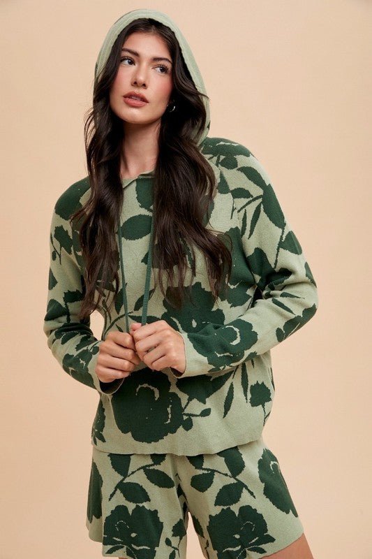 ANNIE WEAR - Green Floral Hooded Sweater and Shorts Set