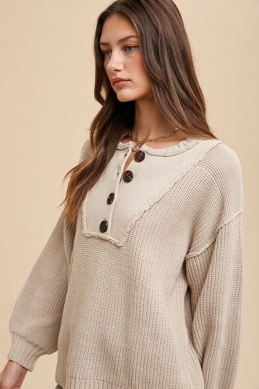ANNIE WEAR - Half Button Sweater in Oatmeal