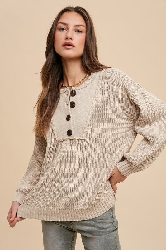 ANNIE WEAR - Half Button Sweater in Oatmeal