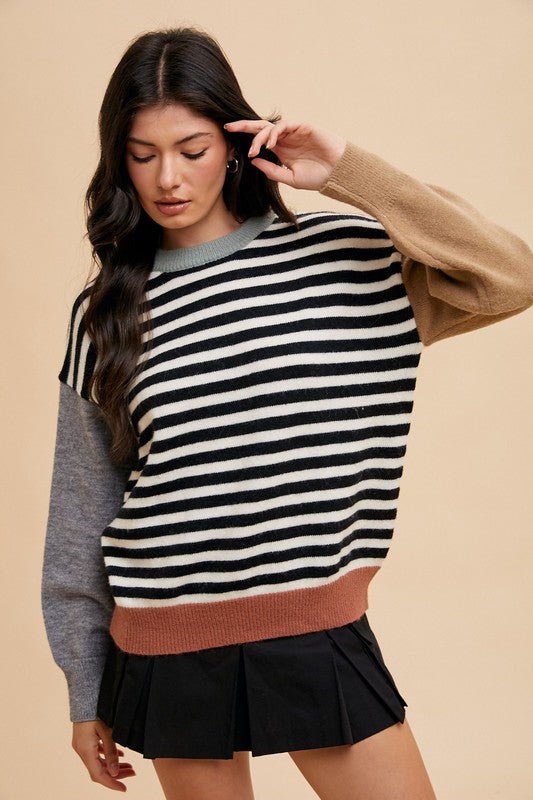 ANNIE WEAR - Ivory & Black Striped Color Block Sweater