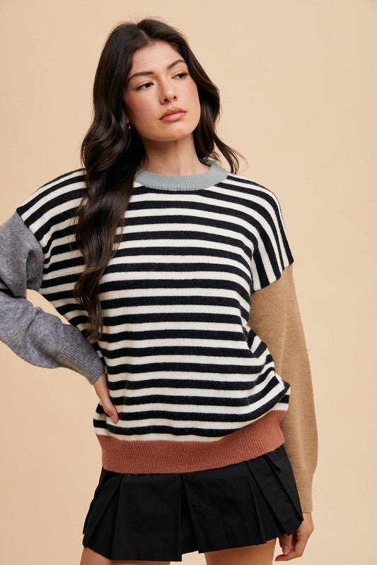 ANNIE WEAR - Ivory & Black Striped Color Block Sweater