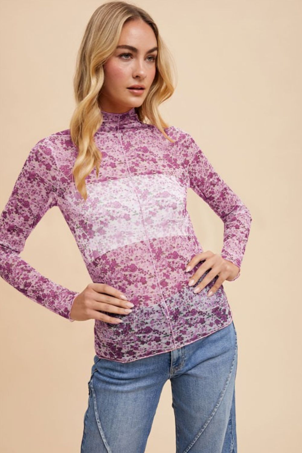 ANNIE WEAR - Ivory & Purple Floral Print Tulle Top