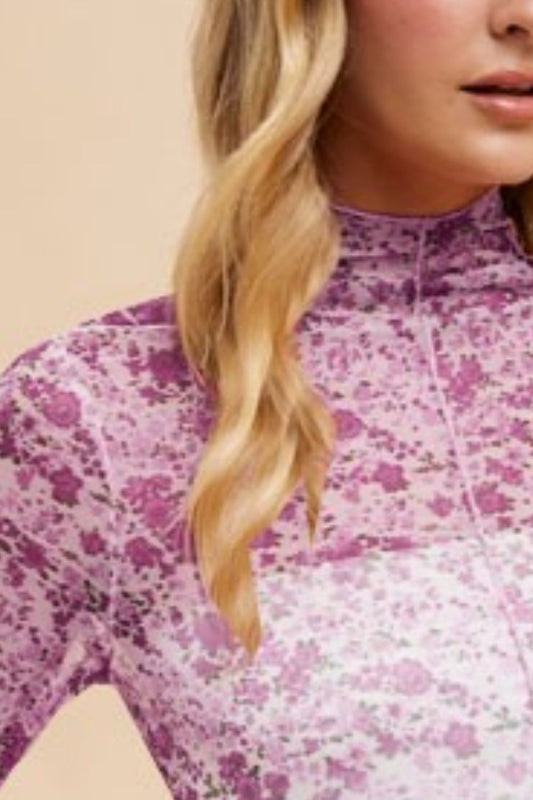 ANNIE WEAR - Ivory & Purple Floral Print Tulle Top