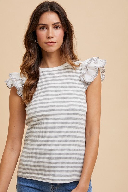 ANNIE WEAR - Light Gray Ruffled Striped Cap Sleeve Knit Top