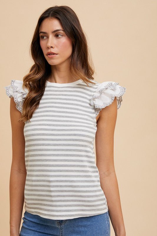 ANNIE WEAR - Light Gray Ruffled Striped Cap Sleeve Knit Top