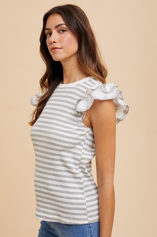 ANNIE WEAR - Light Gray Ruffled Striped Cap Sleeve Knit Top