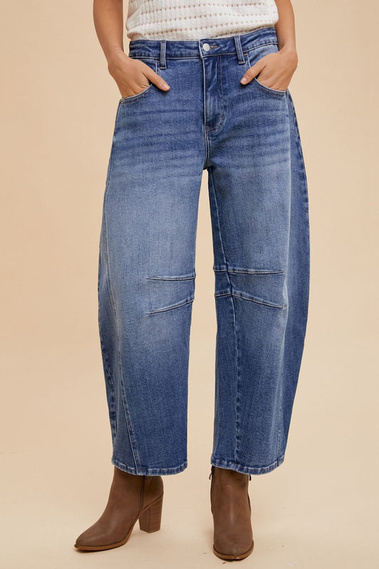 ANNIE WEAR - Medium Wash Mid Rise Barrel Leg Jeans