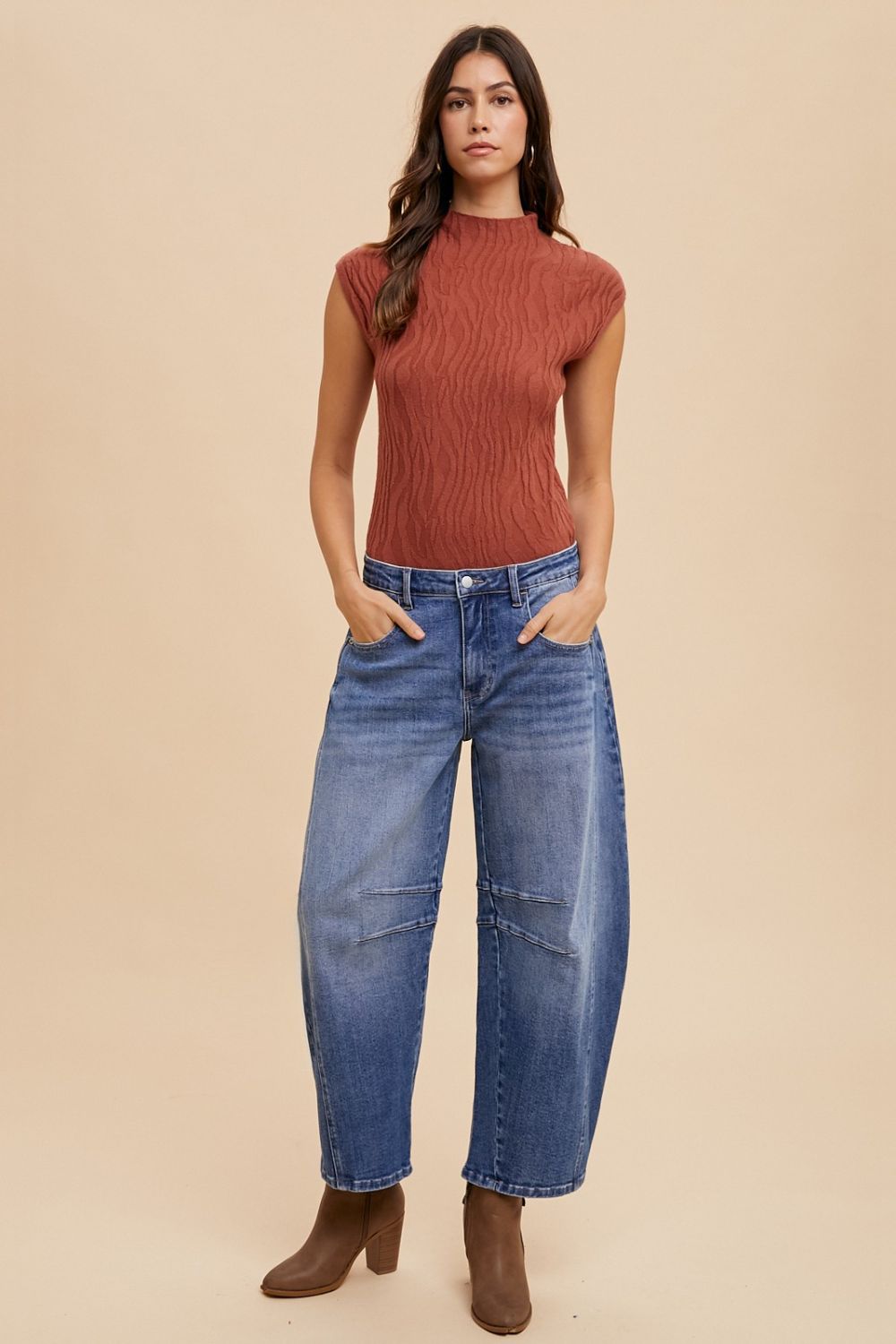 ANNIE WEAR - Medium Wash Mid Rise Barrel Leg Jeans