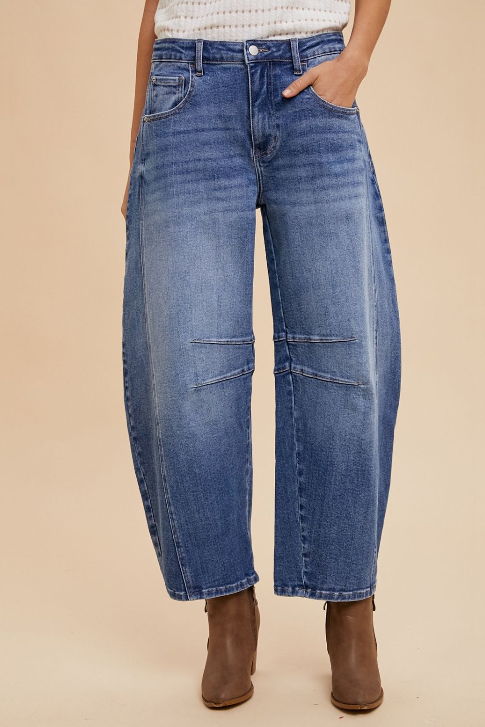 ANNIE WEAR - Medium Wash Mid Rise Barrel Leg Jeans