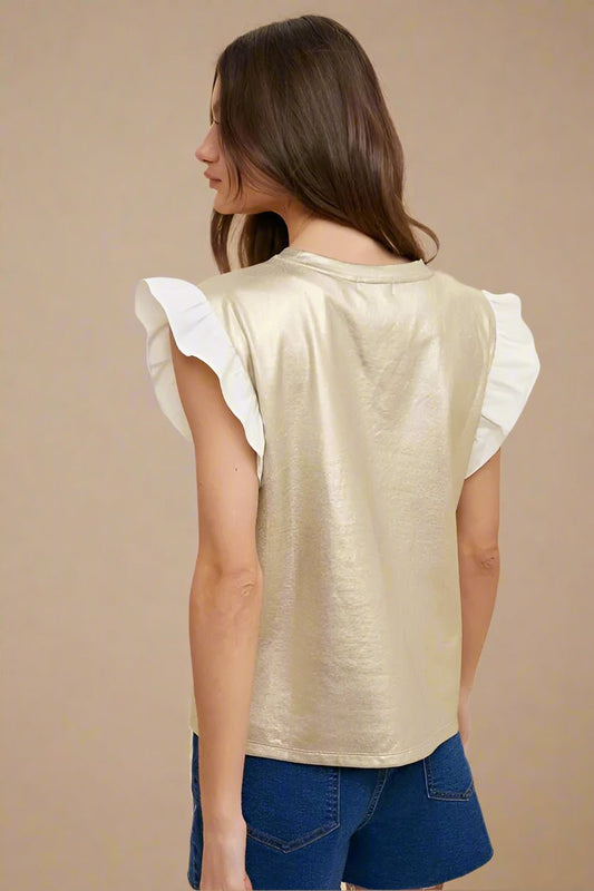 ANNIE WEAR - Metallic Flutter Sleeve Top in Champagne Gold & White