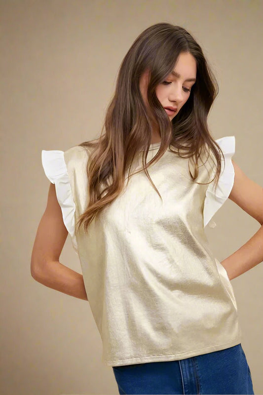 ANNIE WEAR - Metallic Flutter Sleeve Top in Champagne Gold & White