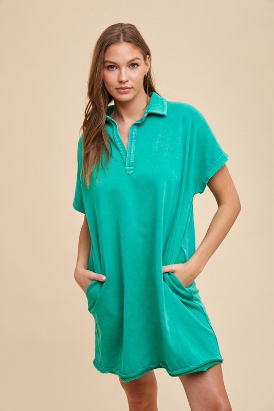 ANNIE WEAR - Mineral Washed Short Sleeve Mini Dress in Turquoise
