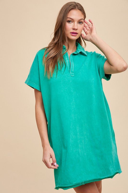 ANNIE WEAR - Mineral Washed Short Sleeve Mini Dress in Turquoise