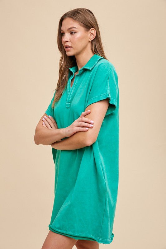 ANNIE WEAR - Mineral Washed Short Sleeve Mini Dress in Turquoise
