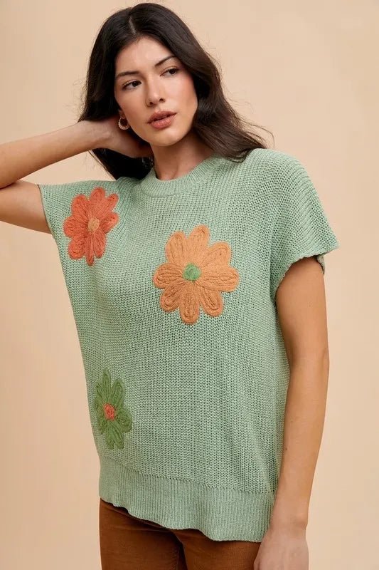 ANNIE WEAR - Mint Daisy Appliqué Knit Top