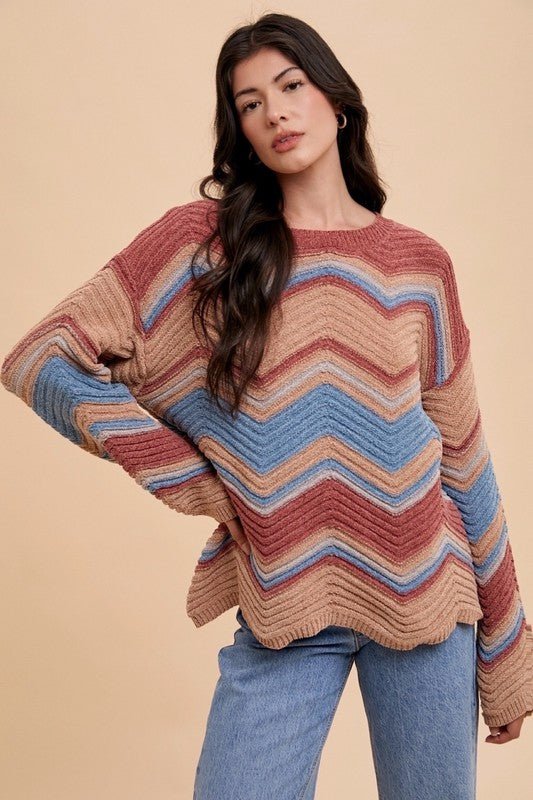 ANNIE WEAR - Multi Color Zig - Zag Sweater in Rose