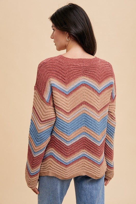 ANNIE WEAR - Multi Color Zig - Zag Sweater in Rose