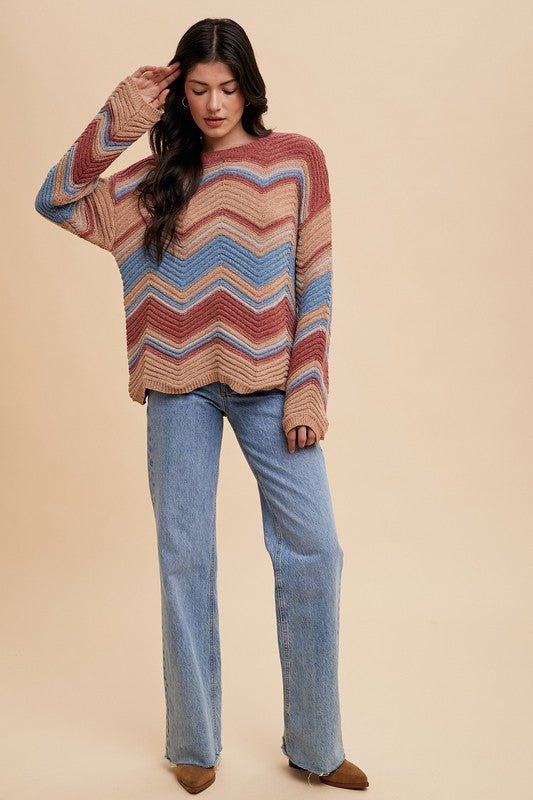 ANNIE WEAR - Multi Color Zig - Zag Sweater in Rose