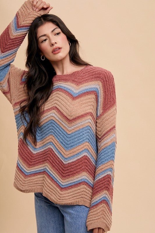 ANNIE WEAR - Multi Color Zig - Zag Sweater in Rose