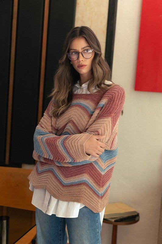 ANNIE WEAR - Multi Color Zig - Zag Sweater in Rose