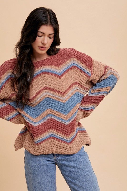 ANNIE WEAR - Multi Color Zig - Zag Sweater in Rose