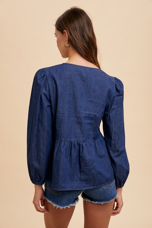 ANNIE WEAR - Navy Denim Tie Front Peplum Top