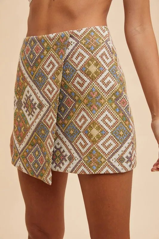 ANNIE WEAR - Olive Multi Geometric Wrap Mini Skirt