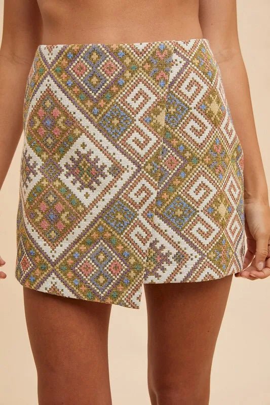 ANNIE WEAR - Olive Multi Geometric Wrap Mini Skirt