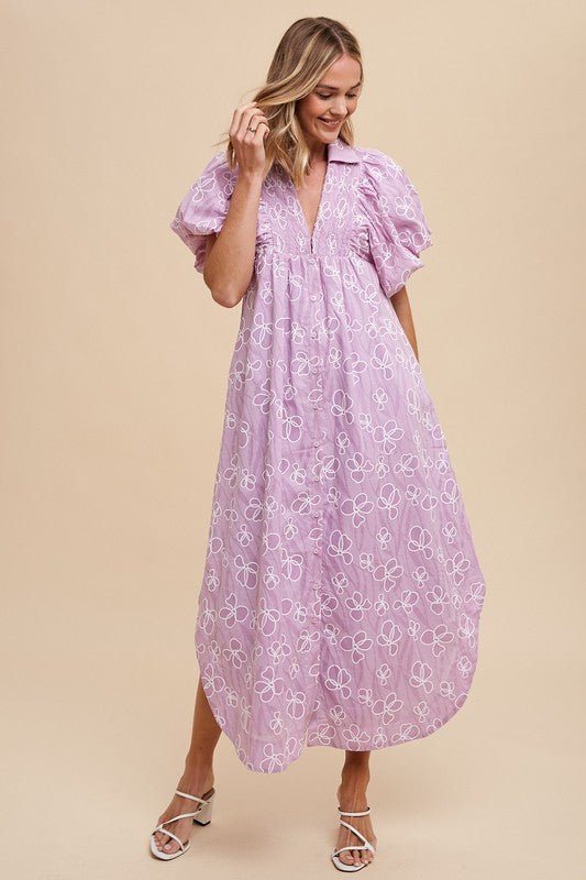 ANNIE WEAR - Pink Purple Floral Smocked Puff Sleeve Midi Dress