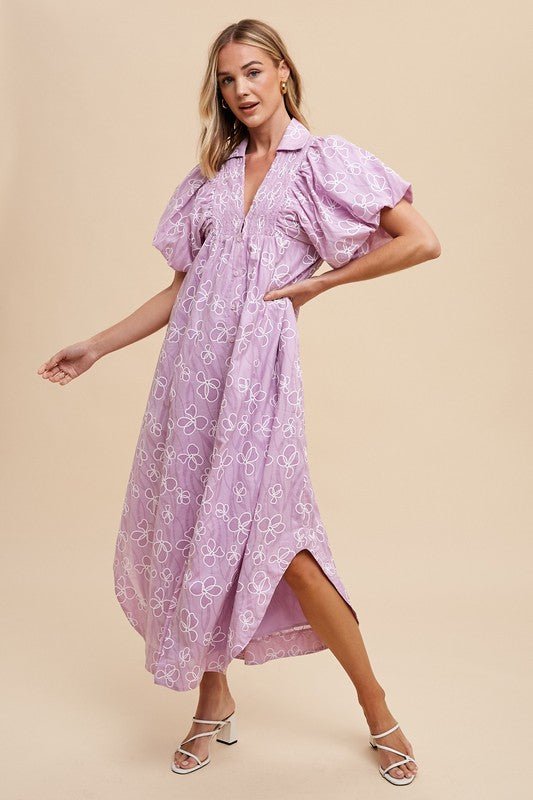 ANNIE WEAR - Pink Purple Floral Smocked Puff Sleeve Midi Dress